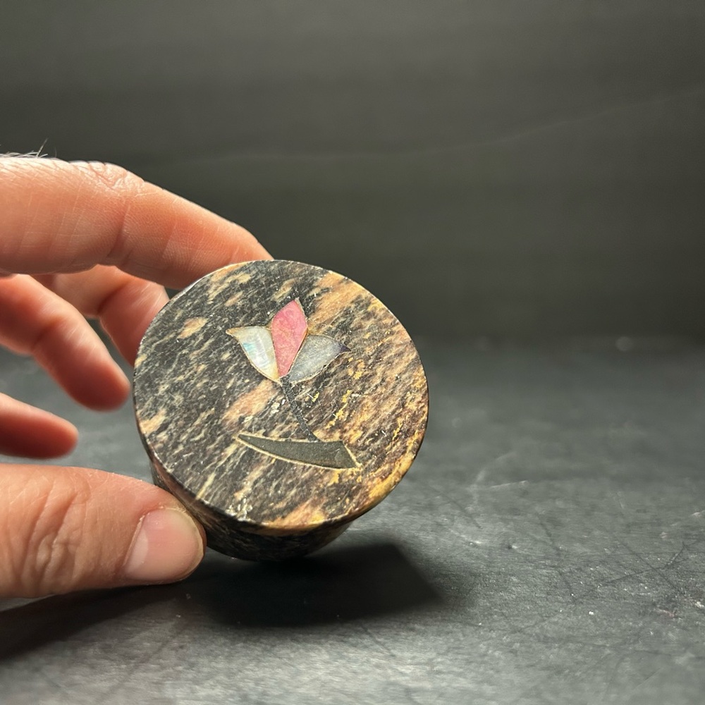 Round Inlaid Stone Trinket Box with Floral Motif - Brown & Pink